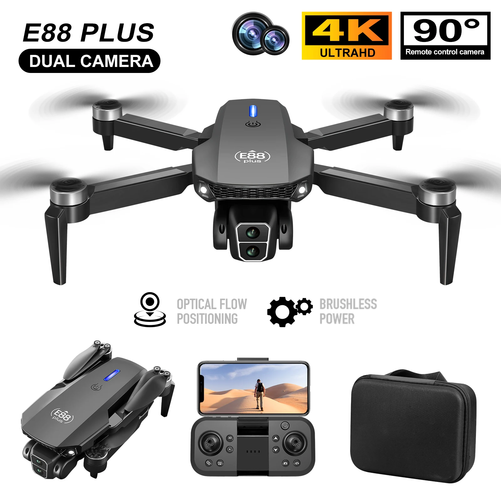 새로운 E88 Plus 쿼드콥터 드론: 90 °   전 - Drone Camera 4K 리뷰 및 가격